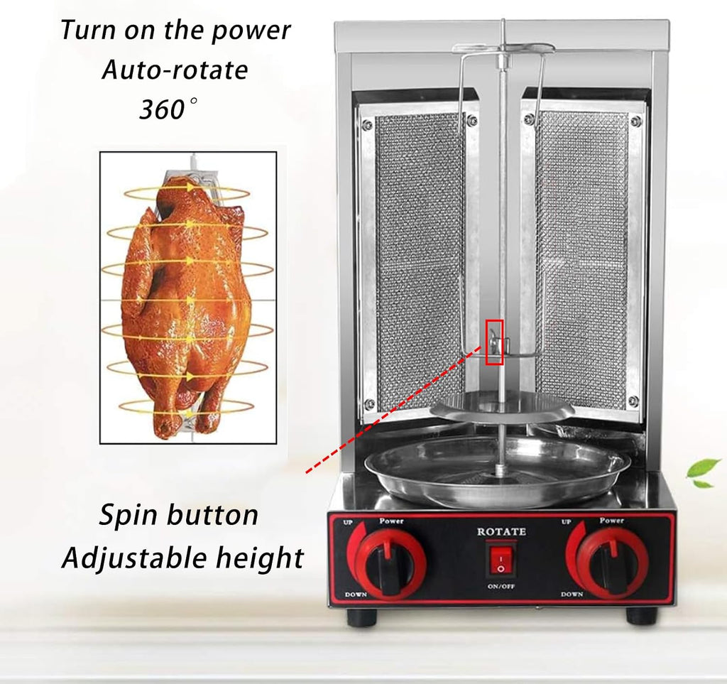 Vertical Commercial Shawarma Lpg/Gas Barbecue Grill, 360° Automatic Rotation, Double-Sided Barbecue Plate + Independent Oil Tray, Adjustable Height, Capacity 6kg/H, 60W