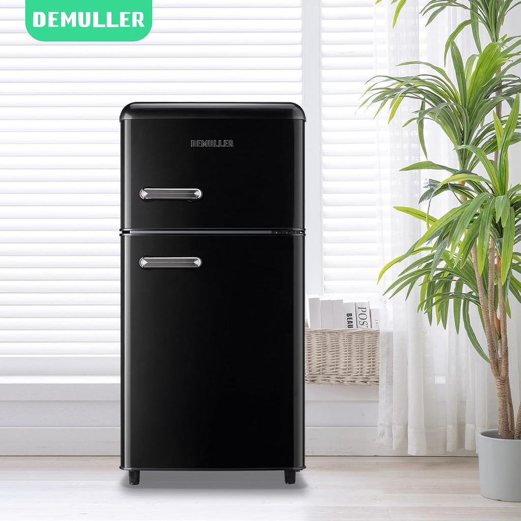 DEMULLER 3.5 Cu.ft Black Mini Fridge 2 Door Compact Refrigerator with Freezer, Small Refrigerator with 7 Adjustable Temperature Control, 2 Removable Glass Shelves and 1 Crisper Drawer
