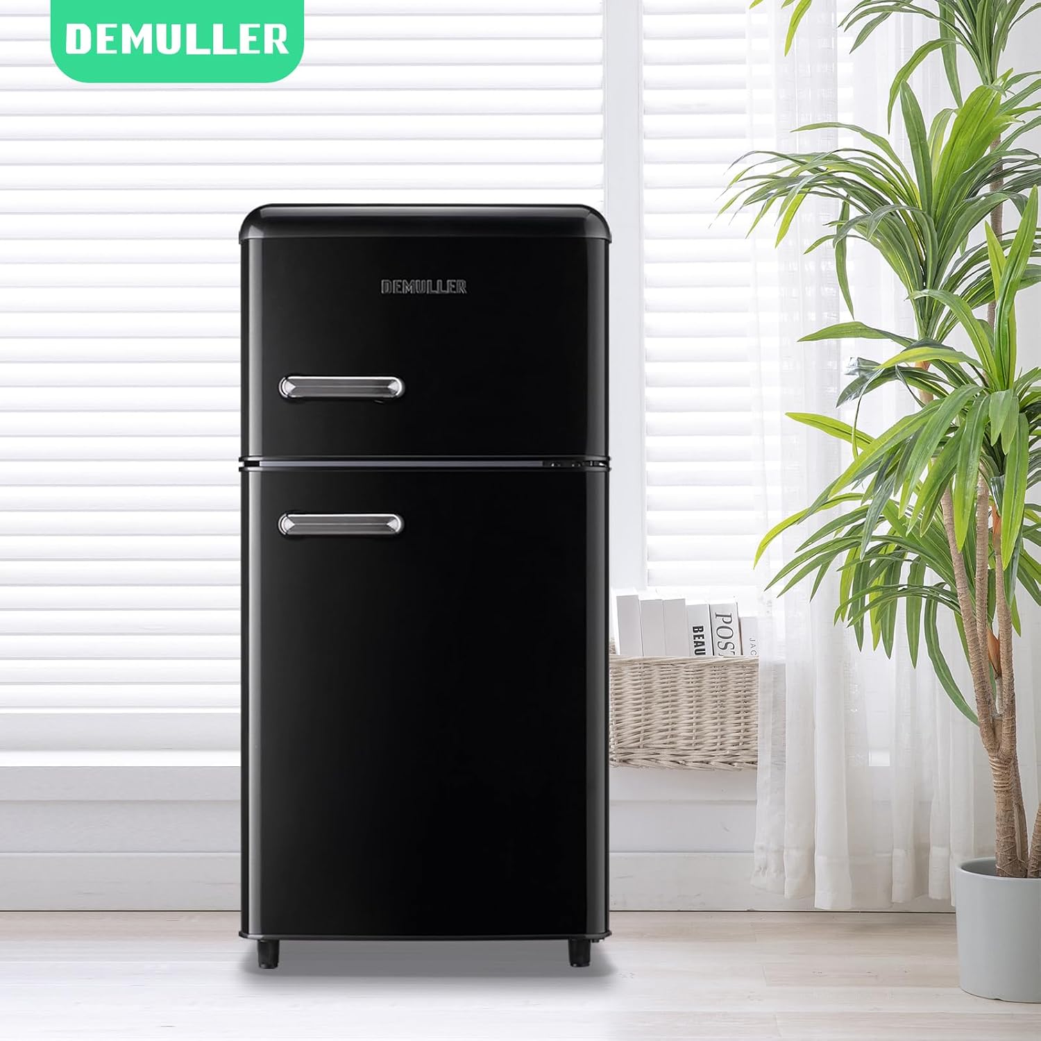 DEMULLER 3.5 Cu.ft Black Mini Fridge 2 Door Compact Refrigerator with Freezer, Small Refrigerator with 7 Adjustable Temperature Control, 2 Removable Glass Shelves and 1 Crisper Drawer