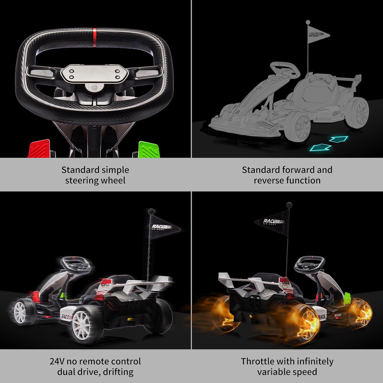 24V Electric Ride Car, Drift Kart for Kids with Adjustable Seat & 8.5MPH Speed, EVA Silent Wheels, Parent-Safety Certified Ride-on Toy