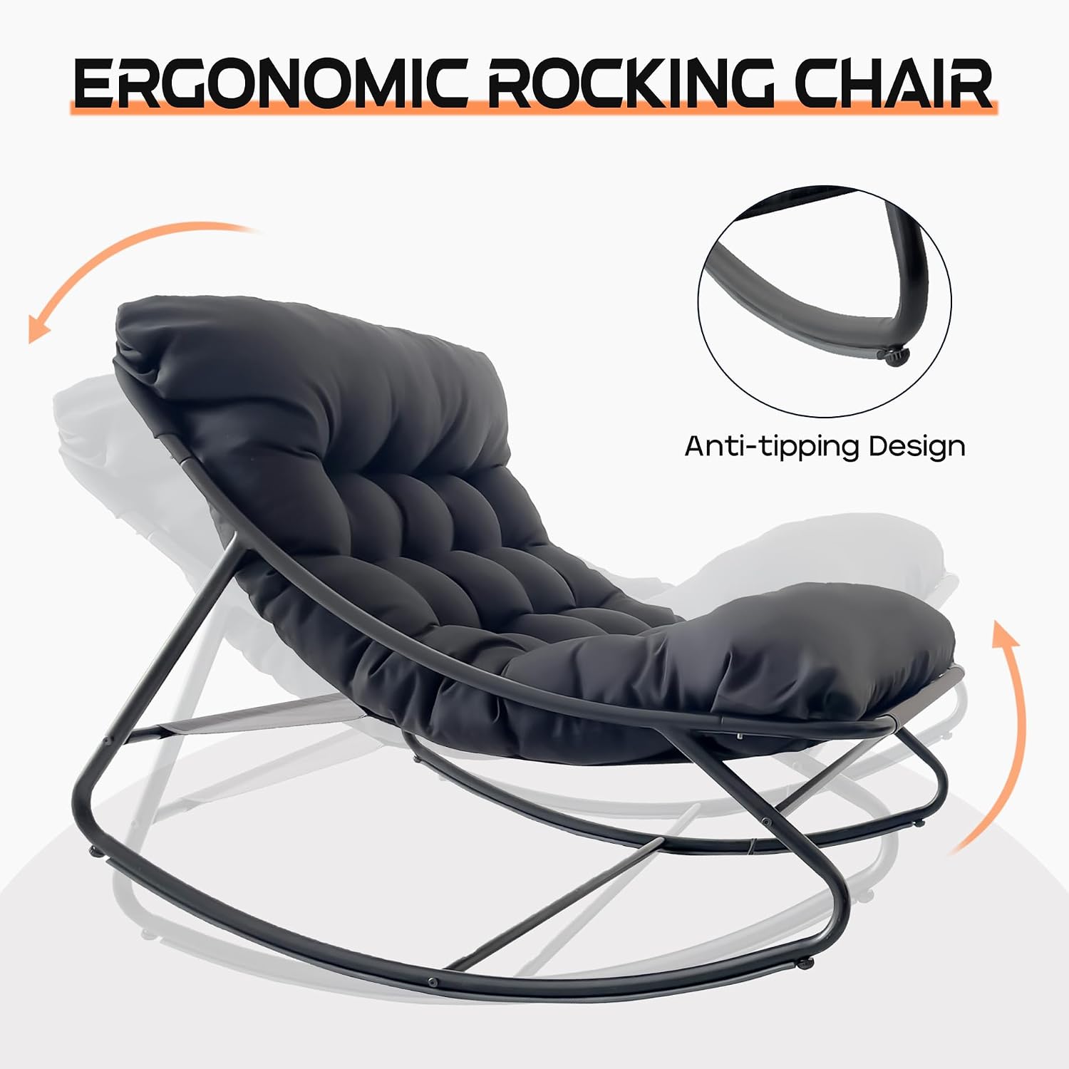 Outdoor Papasan Rocking Chair with Cushion, Oversized Rocking Chair with Ottoman, Modern Cozy Lounge Rocker Chair, Comfy Egg Chairs for Indoor Balcony Porch Patio, Grey
