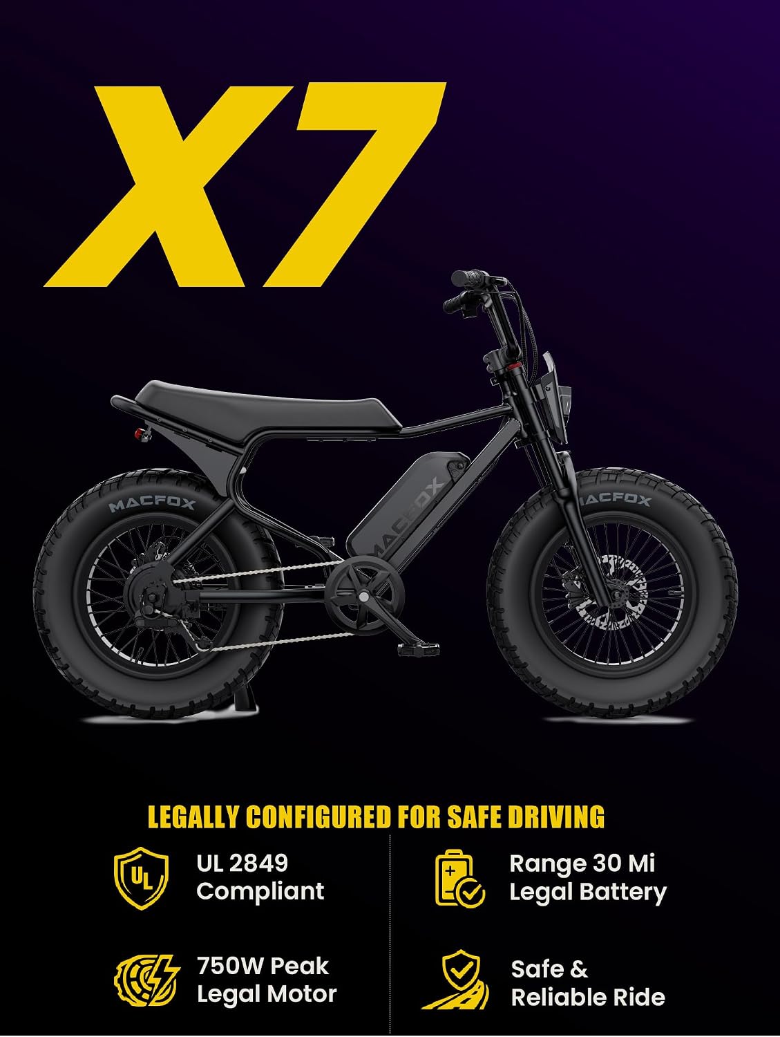 MACFOX X7 Electric Bike for Adults, 750W EBike with Hydraulic Brakes, 48V 13Ah Removable Battery 30 Mile Range, Upgraded 20x5.0 Rear Fat Tire for School/City/Town Commuting (UL2849 & Class-2)