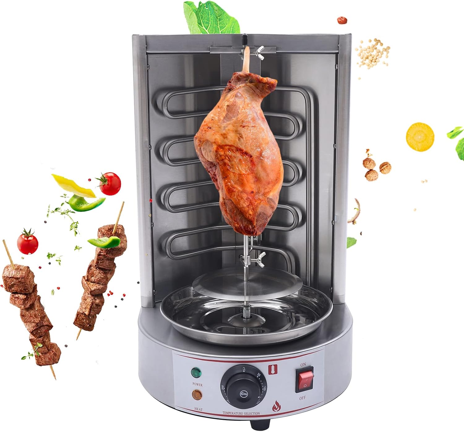 Electric Kebab Machine Grill, Electric Shawarma Grill Machine 60 ° Rotating Vertical Rotisserie Oven Rotating Barbecue Grill with 50-300 °C Temperature Adjustment Switch for Commercial and Home