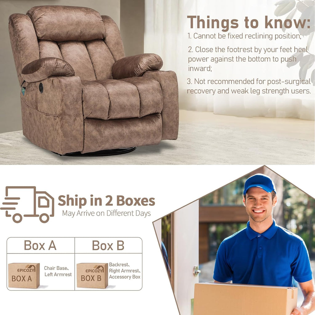 Swivel Rocker Recliner Chair with Heat and Massage, Manual Glider Rocking Reclining Chair, 360° Swivel Overstuffed Lounge Chair with 2 Cup Holders, Side Pockets & USB Ports, Fabric Brown