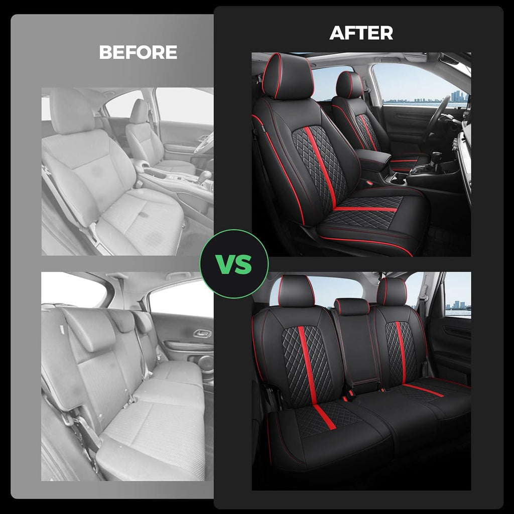 for Honda HRV Seat Covers 2016-2018 EX EX-L & 2016-2022 LX, Custom Fit Car Seat Cover Full Set, Luxury Leather HR-V Seat Protectors, Waterproof SUV Cushions Accessories, Black with Red Trim