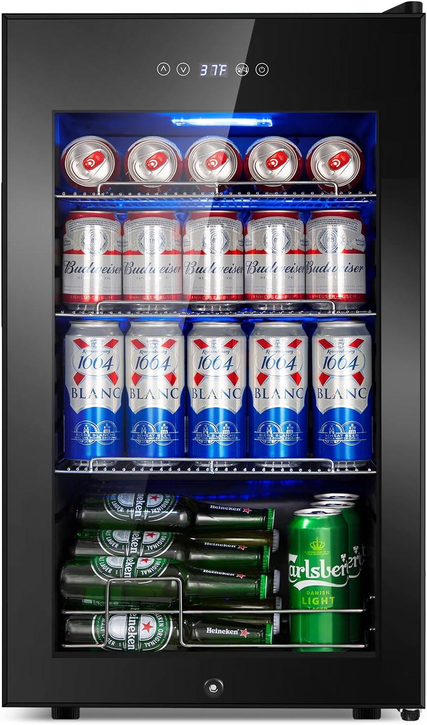 FoMup Beverage Refrigerator 17 inch Wide - 126 Can Beverage Cooler with Glass Door | Counter-Top/Freestanding Mini Beverage Beer Fridge | Temperature Memory | Invisible Door | Perfect for Soda,Beer