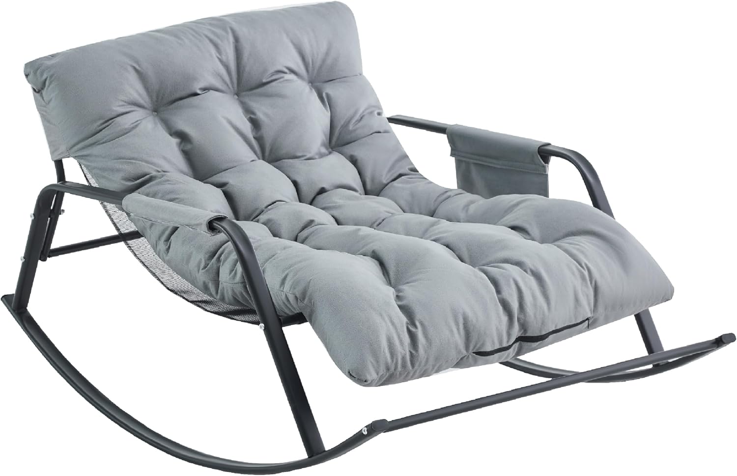 KEIKI PU Rocking Chair Outdoor/Indoor-Reading Papasan Lounge Chair with Storage, Rocker Egg Chair W/Iron Frame, Patio Porch Furniture-Waterproof Cushion Gliding Chairs for Bedroom/Garden/Lawn, Gray