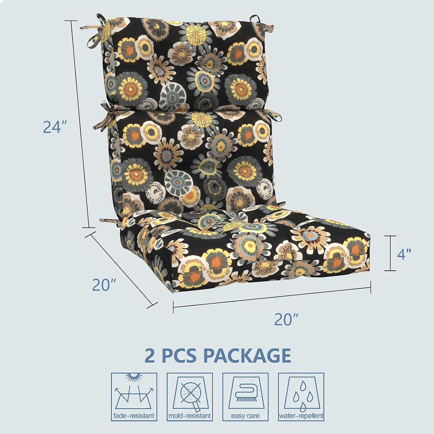 LVTXIII Outdoor High Back Chair Cushions 2 Pack, 44'x20'x4' Outdoor Patio Cushion Set with Ties, All Weather Thick Tufted Seat Cushions for Deep Seat & Rocking Chairs, Black Yellow Crosby