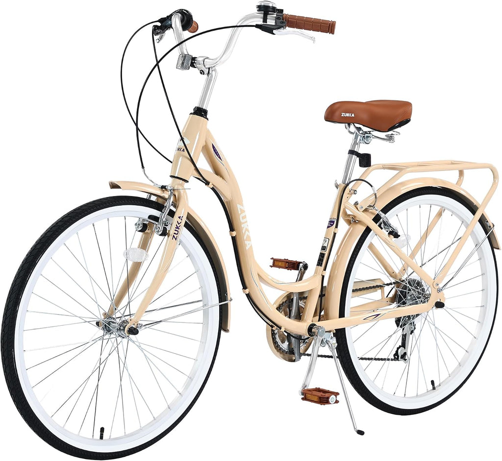 MEGHNA Beach Cruiser Bike Low Step - Through 24 inch/26 inch Bike Elegant Lady Bike V - Brake 7 Speed Cruiser Bike with Rear Rack Bell for Girls Women Senior, Multi-Colors