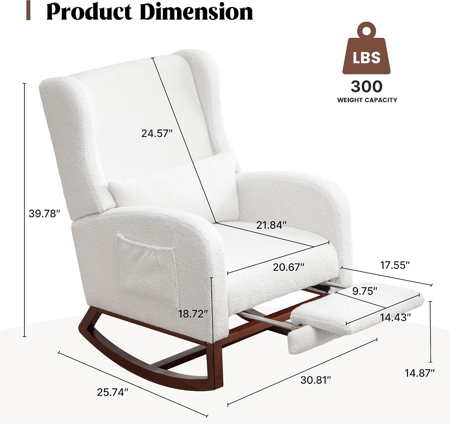 HCHAIRH Rocking Chair Nursery with Foot Rest, Wingback Nursery Rocking Chairs Sherpa Nursing Chairs Glider Rocker with Pillow for Living Room, Bedroom, Teddy White