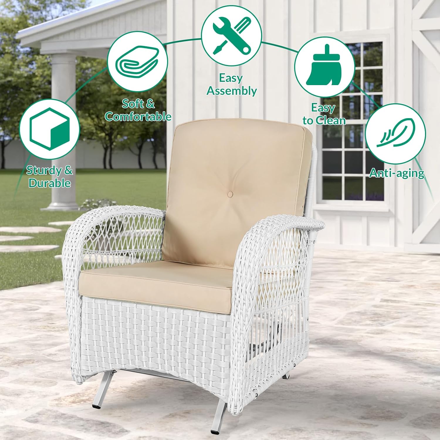 VIVIJASON 2-Piece Outdoor White Wicker Glider Rocking Chair, Patio Rattan Swing Glider Chairs with Cushions & Steel Frame, All-Weather Gliding Lawn Wicker Furniture for Garden Backyard Porch, Beige