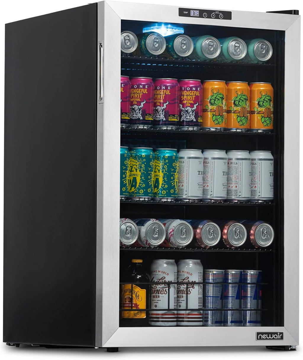 NewAir 160 Can Beverage Refrigerator | Freestanding Small Mini Fridge for Bedroom, Home Bar or Living Room | SplitShelf Storage, Digital Thermostat & LED Light | Stainless Steel