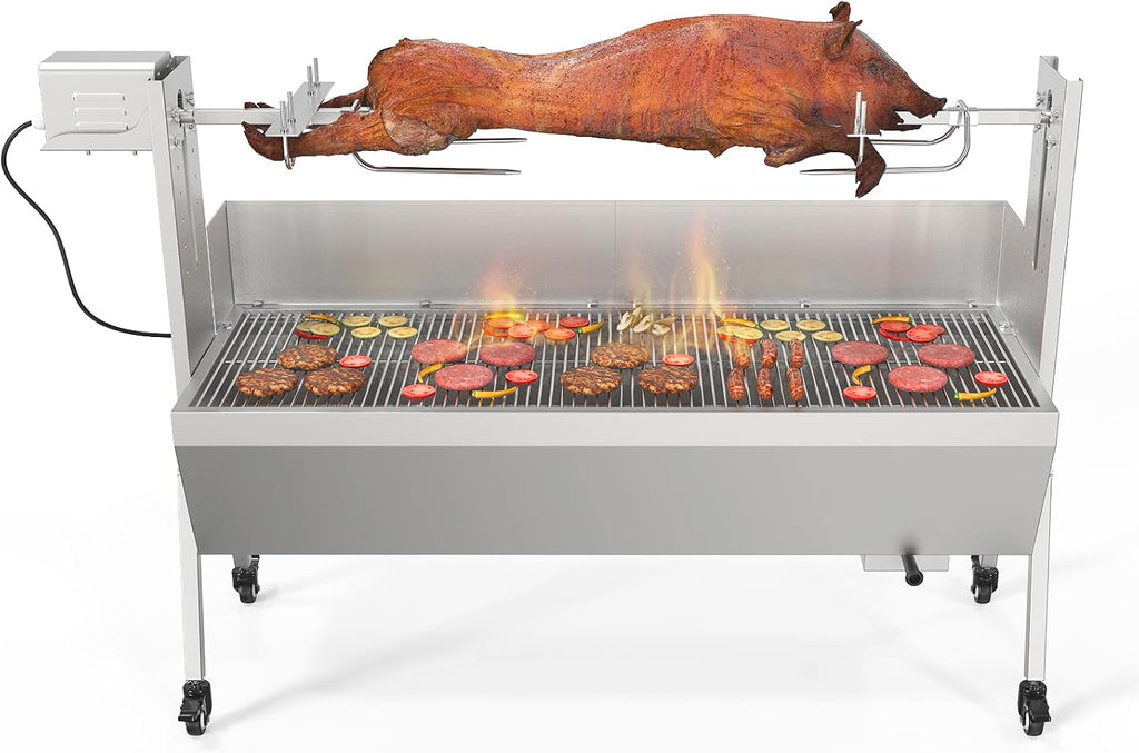 Bonnlo Electric Rotisserie Grill, 46' Pig & Lamb Roaster, Charcoal Spit Rotating Grill with Wind Screen, 176 lbs Capacity Stainless Steel Lechon Grill Kit for Camping & Outdoor BBQ