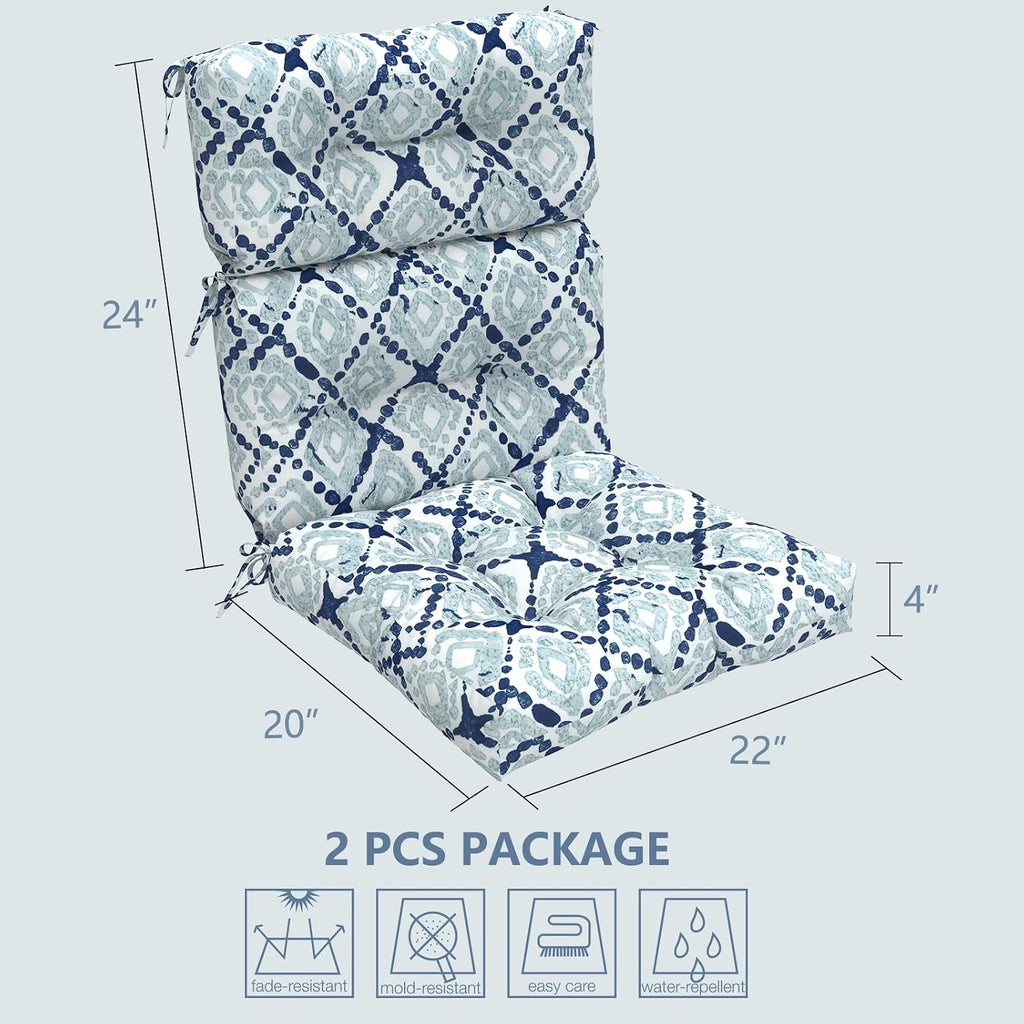 LVTXIII Outdoor Tufted High Back Cushions Set of 2 Patio Seasonal Replacement Rocking Chair Cushion with Ties, Solid Seat and Back Chair Cushion, (44' L x 22W', Boho Geometry Blue)