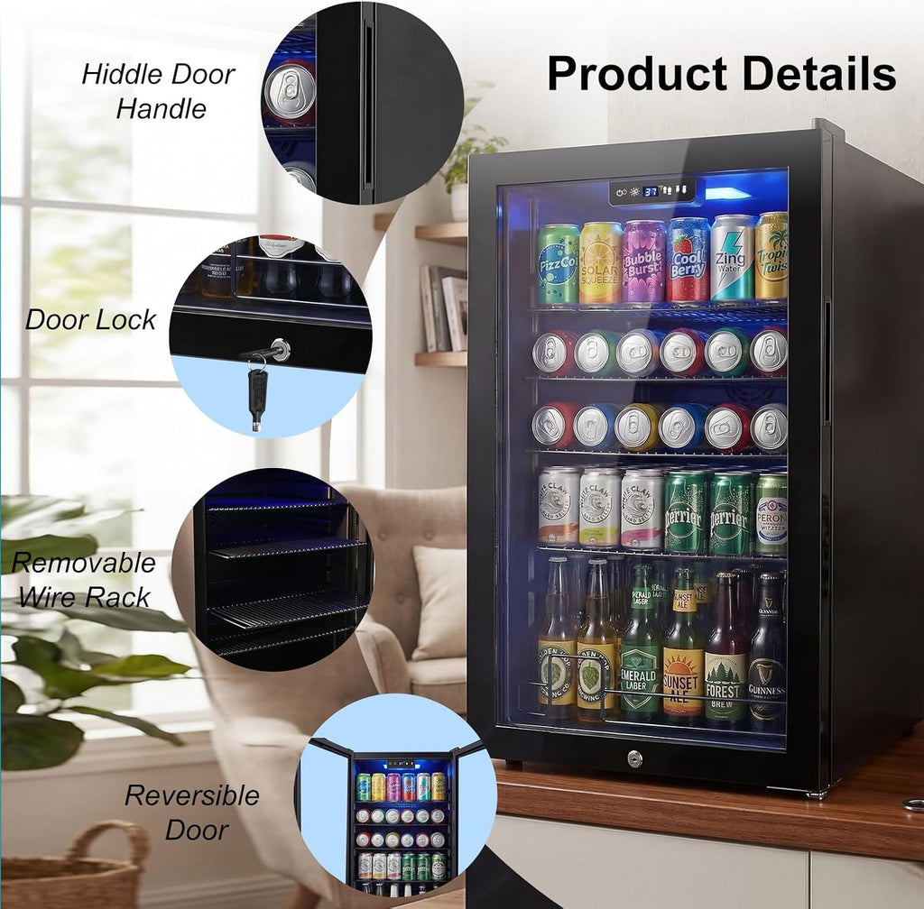 20 Inch Beverage Refrigerator, Mini Fridge with Glass Door for Soda Beer–130 Can Small Fridge for Home Office Bar, 3.4 Cu.Ft Drink Cooler with Reversible Door, Digital Temperature Control,Black