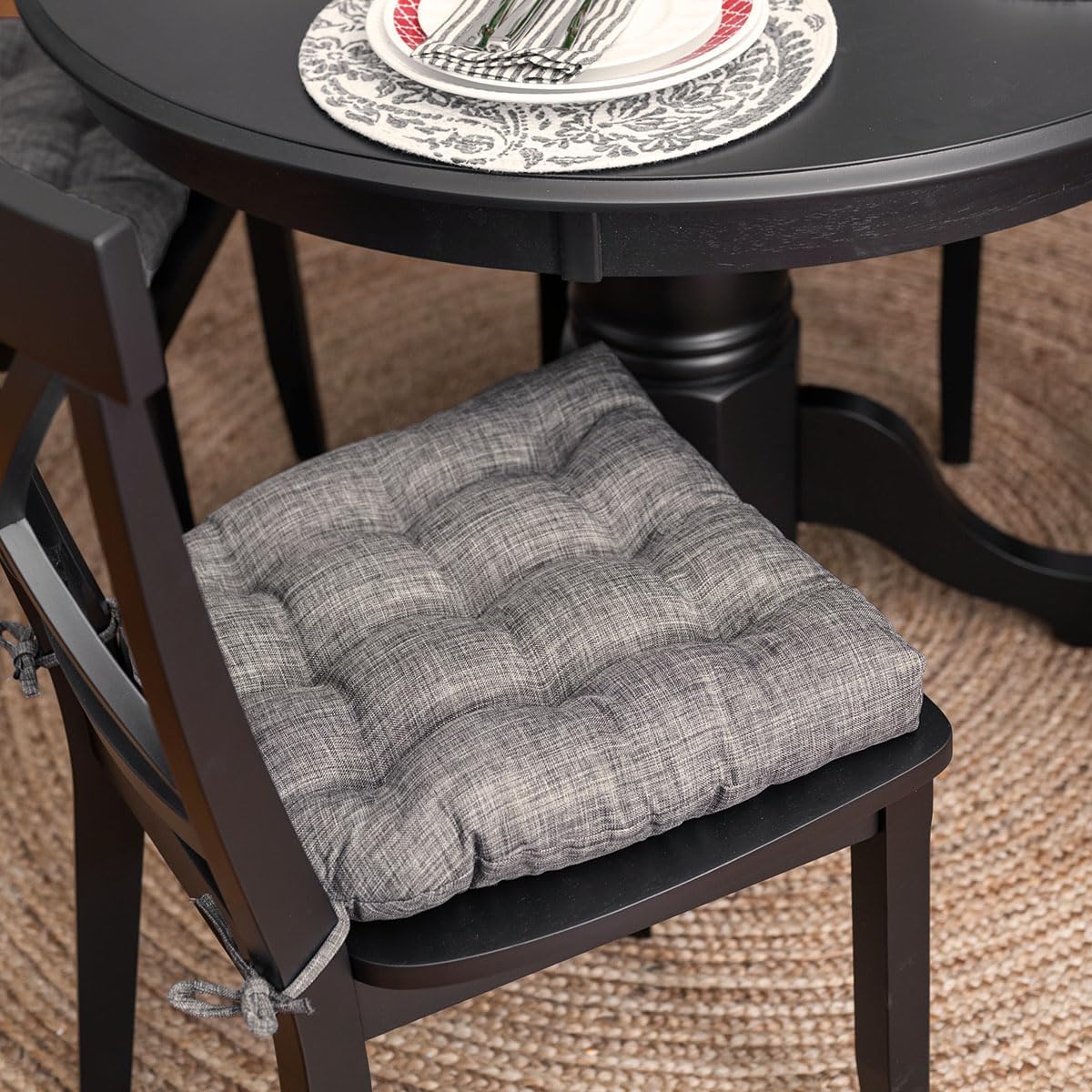 Barnett Home Decor Hayden Dining Chair Cushions with Ties, 16.5 x 18 Inches, Pack of 4 – Machine Washable, Made in USA, Reversible with Plush Latex Foam Fill for Comfortable Seating – Grey (Gray)