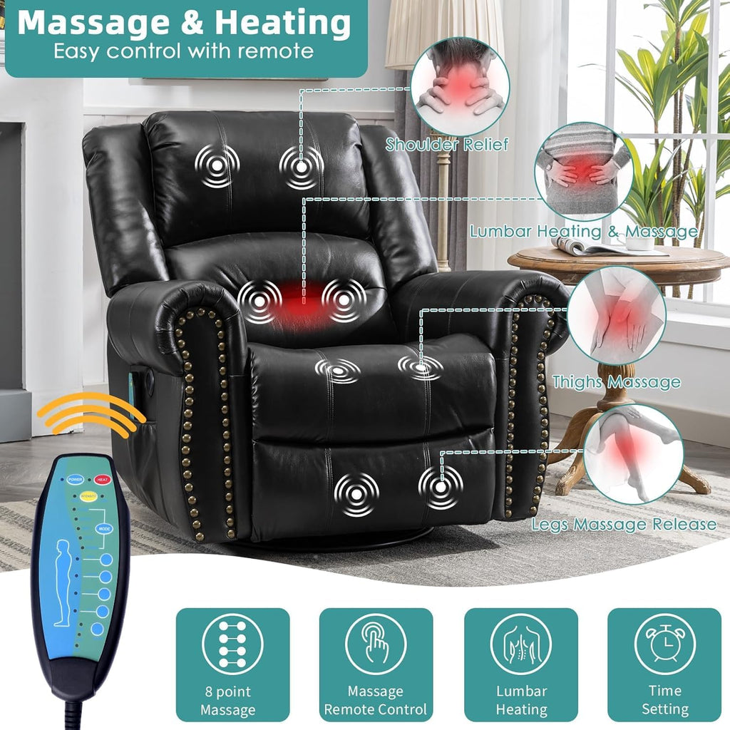MEETWARM Oversized Swivel Rocker Recliner Chair with Heat and Massage, Manual Glider Rocking Recliner Chair, 360°Swivel Nursery Reclining Sofa with Remote Control/USB Ports for Living Room(Black)