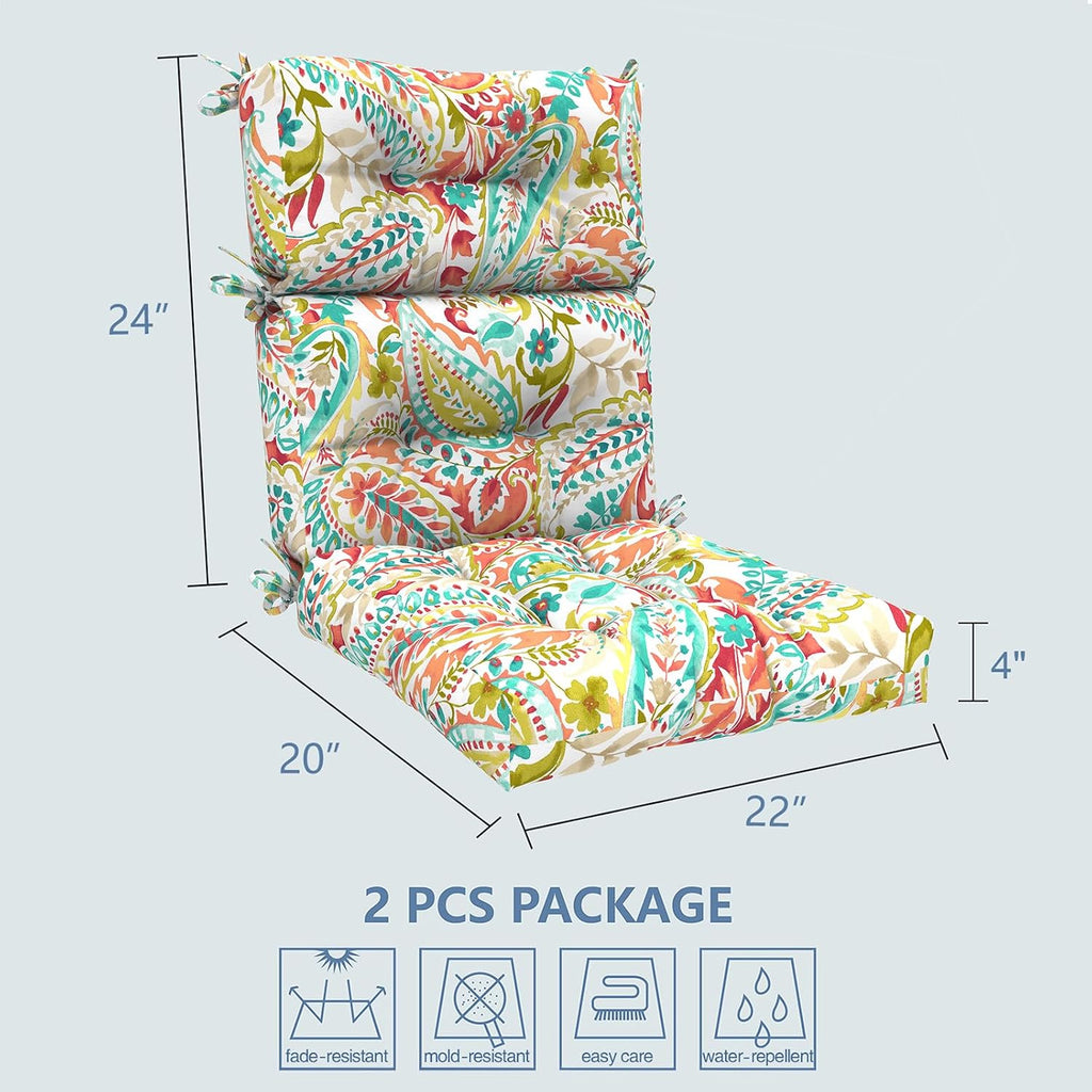 LVTXIII 2 Pack Outdoor High Back Cushions, 22' W x 20' D Tufted Seat and Back Chair Cushion with Ties, Fluffy Patio Replacement Rocking Chair Cushion for Outdoor Furniture Use, Pretty Paisley