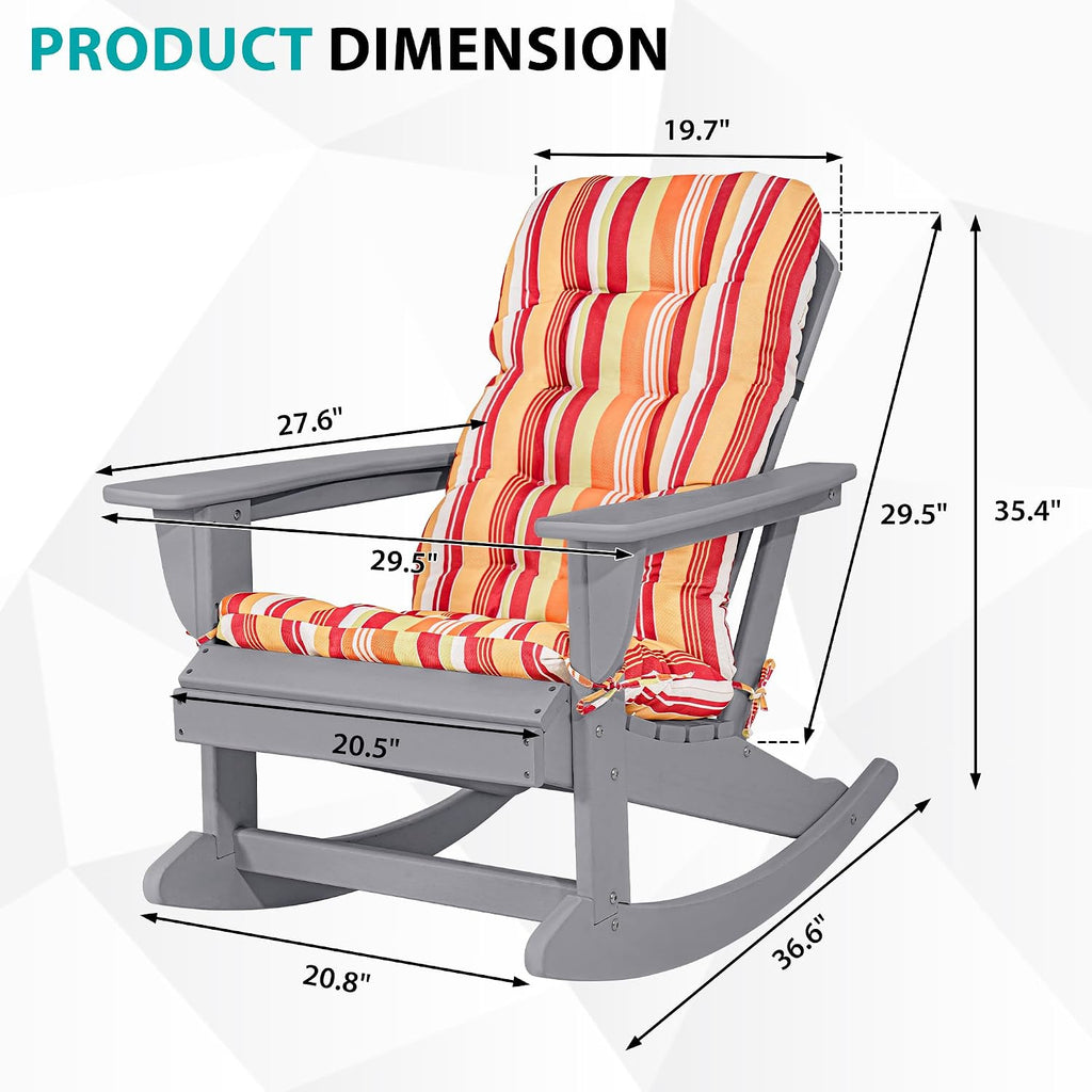 Sundale Outdoor Adirondack Rocking Chair with Cushion, HDPE Patio Plastic All Weather Adirondack Rocker, Water Resistant for Outside, Garden, Pool, Yard, Grey