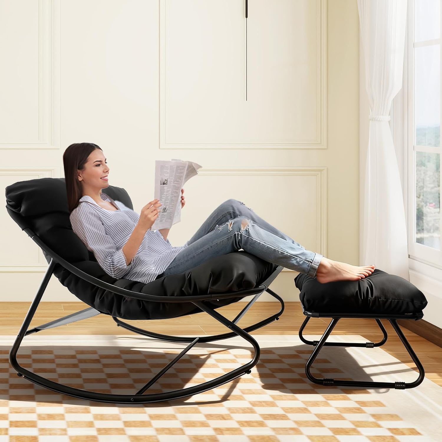 Patio Rocking Chair with Ottoman Outdoor & Indoor, Rocking Chairs Padded with Foot Rest, 330lbs Capacity, Metal Outdoor Rocker for Garden, Deck, Living Room, Bedroom, Balcony (Black)