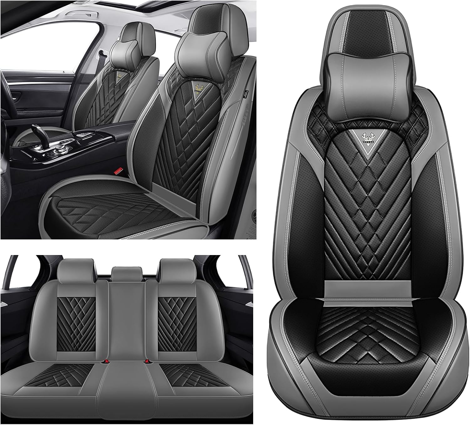 Car Seat Covers for Hyundai Santa Fe 2001-2026, Waterproof Nappa Leather Full Set Seat Cover with Headrests, Anti-Slip and Comfortable Automotive Seat Protector&Accessories(Gray Black)