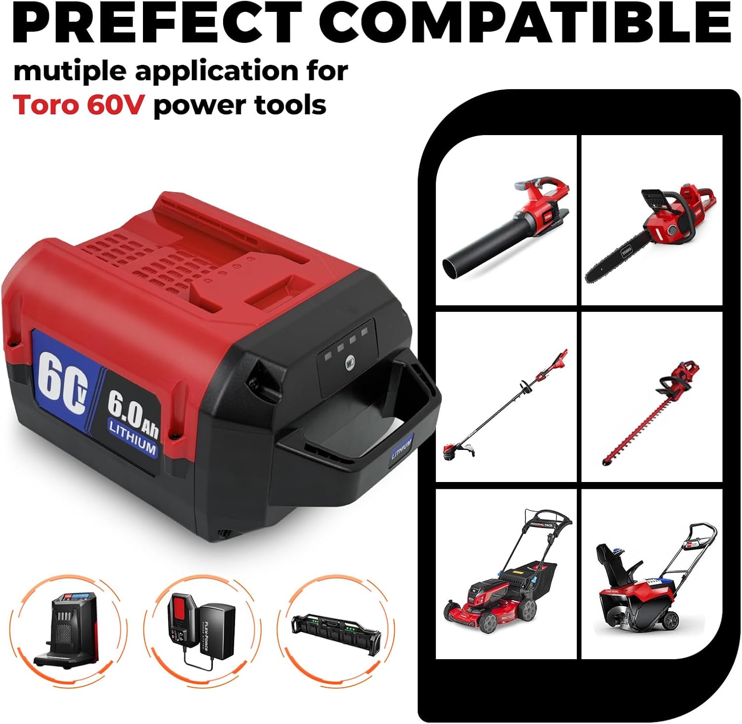 6.0Ah Replacement for Toro 60V Battery L108 L135 L216 L405 88620 88625 88660 88675 Chainsaw Cordless Lawn Mower Hair Dryer Power Tool, Compatible with Toro Flex Force 60 Volt Max Series (60V 6000mAh)