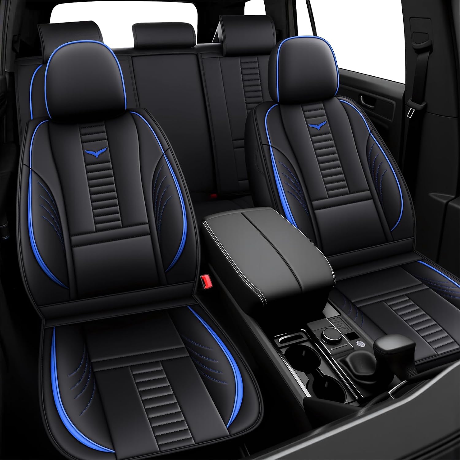 Full Set Car Seat Covers for Dodge Dart 2000-2025, Waterproof Car Seat Protector with Storage Pocket, Easy Install Leather Seat Covers, Automotive Vehicle Cushion with Airbag(Blue,Black)
