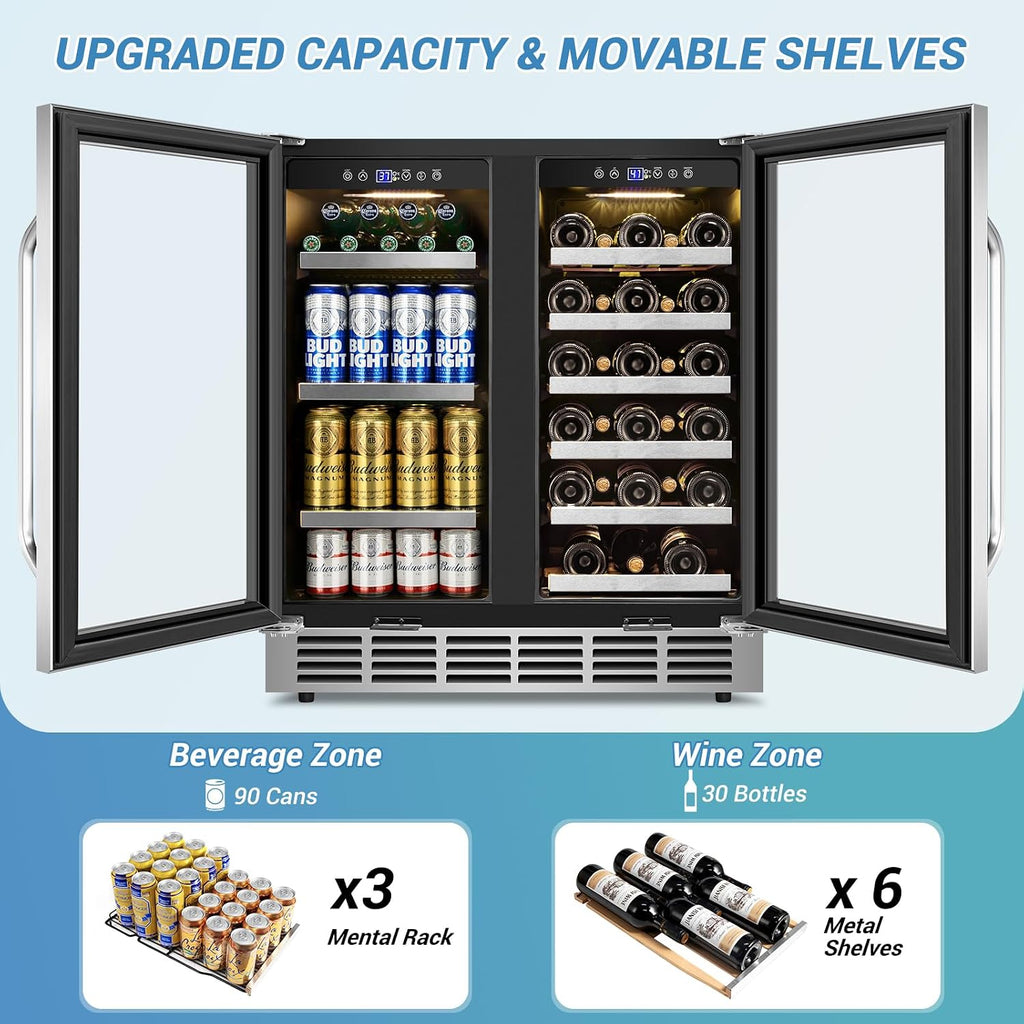 Velivi 30Inch Wine and Beverage Refrigerator - Dual Zone Beverage Cooler Under Counter, Holds Up to 30 Bottles & 90 Cans Drink and Beer Fridge Built-In for Home Kitchen Bar and Office