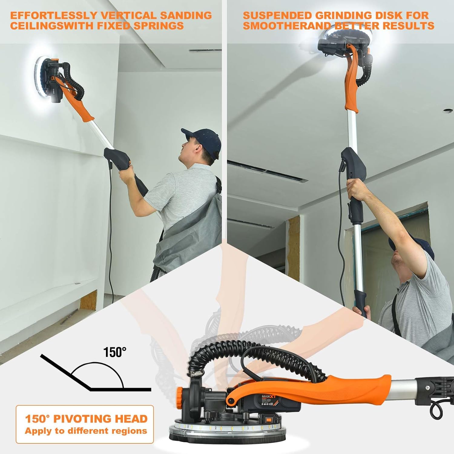MAXXT Drywall Sander with Vacuum Dust Collection, Popcorn Ceiling Removal Tool, 6 Variable Speed Foldable Telescopic Electric WallSander, 600-1900RPM Power Sander Tool, LED Light, 18Pcs Sanding Discs