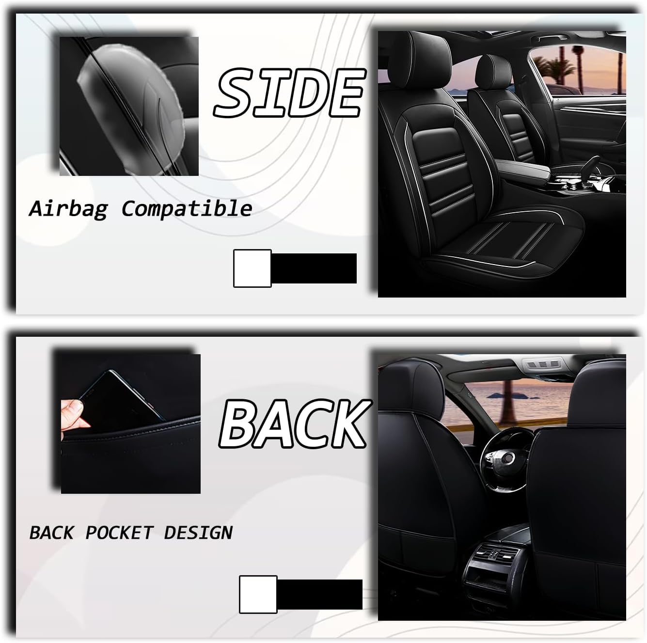 Seat Covers for Audi A3 2006-2025 | 5-Seats Leather Seat Covers, Easy to Install Automotive Seat Covers Full Set (Full Set, Black&White Line)
