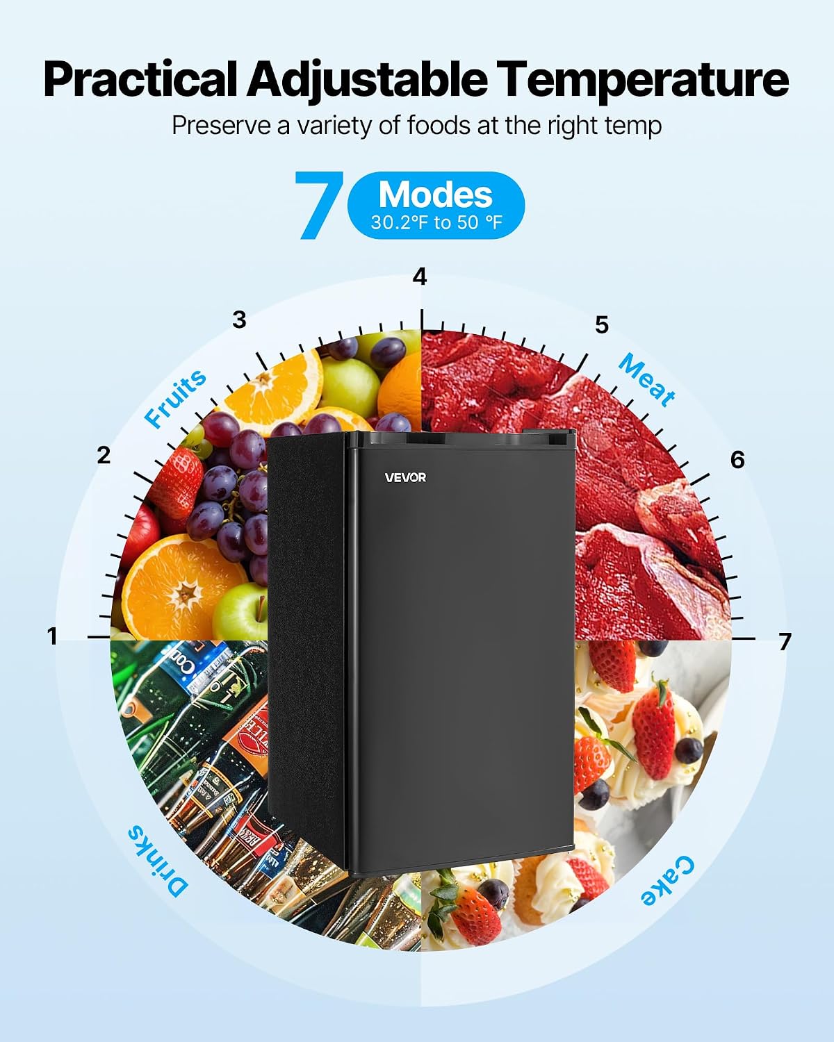 VEVOR 3.2 Cu.Ft Mini Fridge with Freezer, Single Door Compact Refrigerator with Micron Frozen Zone, 7-Mode Adjustable Temp, Energy Efficient Small Dorm Fridge, Reversible Door, Low Noise, Black
