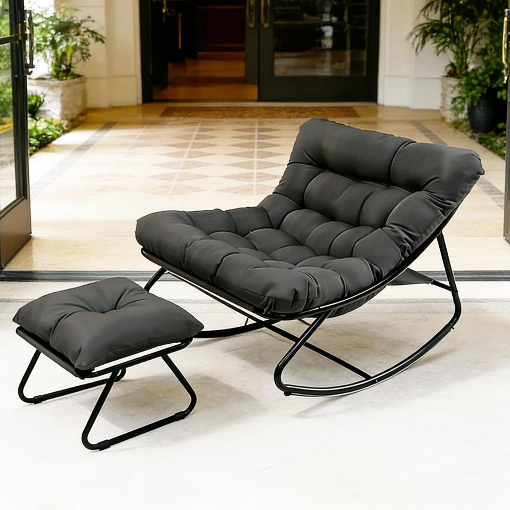 Oversized Papasan Rocker, Comfy Patio Rocking Chair, Outdoor Rocker Chair, Indoor Rocking Egg Chair with Cushion & Ottoman for Bedroom, Living Room, Front Porch (Grey)