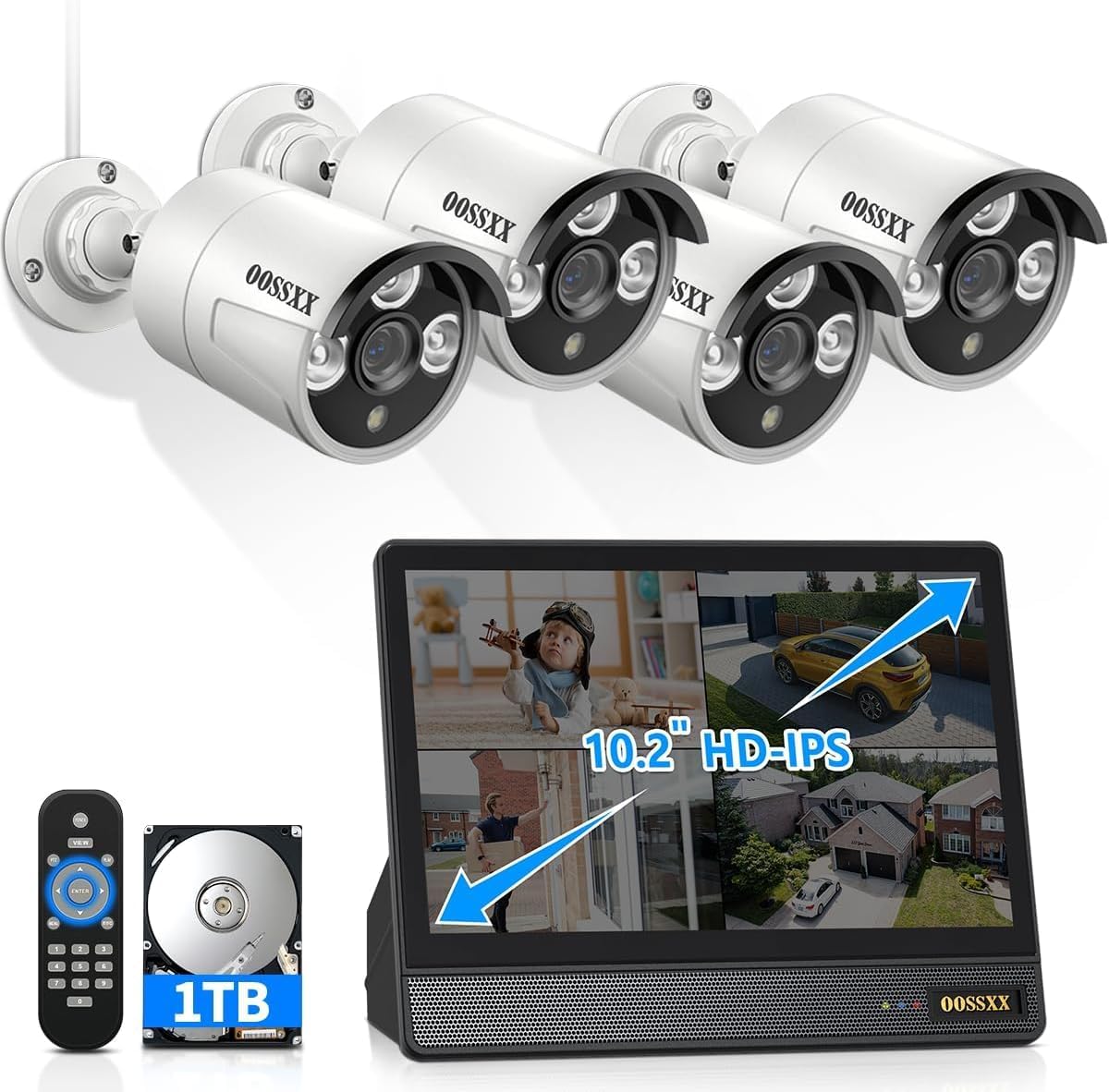 OOSSXX Outdoor Wired Security Camera System PoE Outdoor Surveillance Video Cameras Systems with Monitor