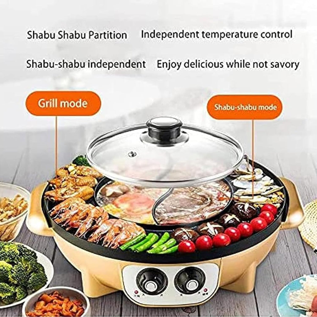 Large Household Electric Hot Pot with Grill, Soup Pot and Korean BBQ, Non-stick Coating, Easy to Clean, For 7-10 People to Enjoy, 2200 W