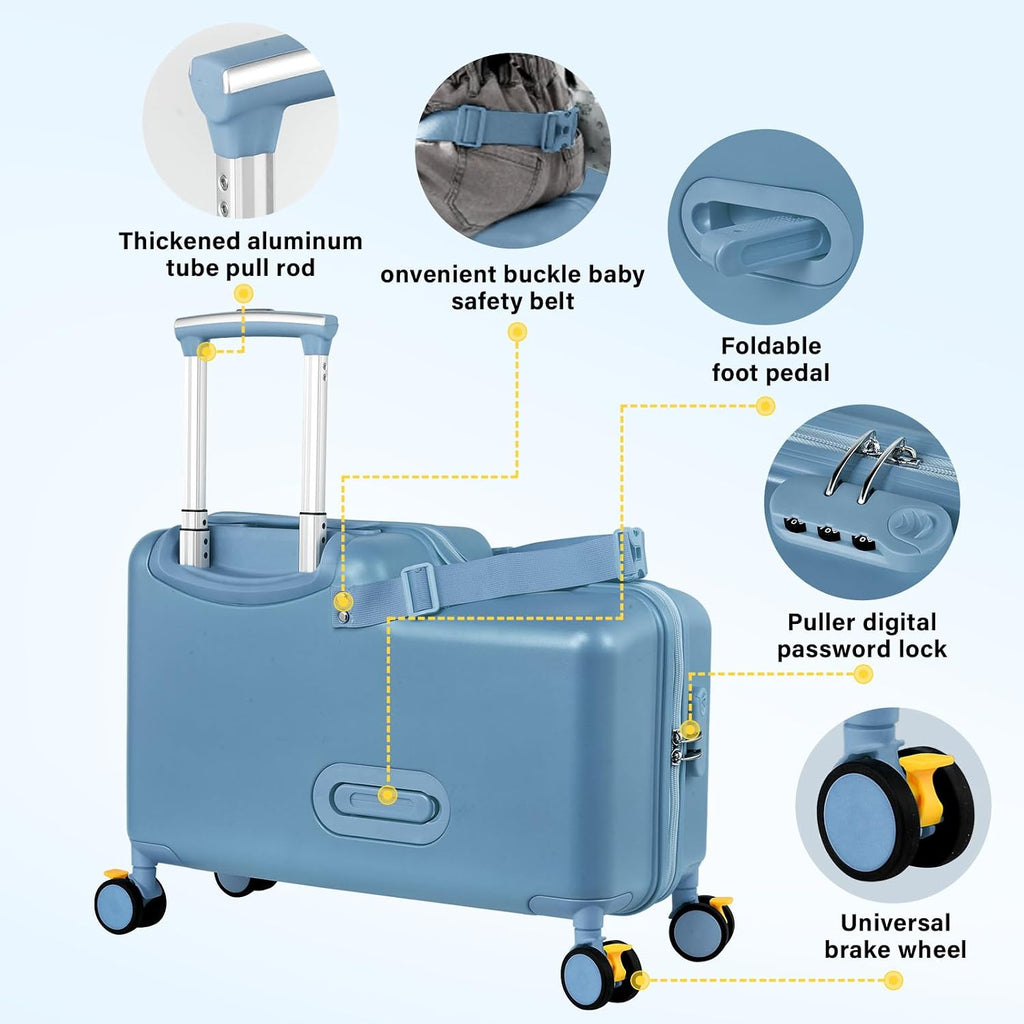 Kids Ride On Suitcase | 20 Inch Kid Carry-On Luggage with Seat, Folding Handlebar & Adjustable Belt | Fun Rideable Travel Case for Boys & Girls, Ideal for Airplane Travel