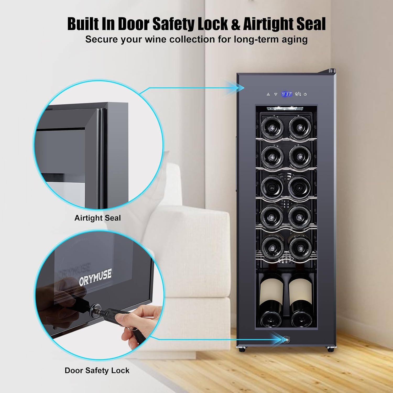 12 Bottle Compressor Wine Cooler Refrigerator with Lock, Freestanding Wine Fridge, 41°F-64°F Digital Temperature Control, Large Wine Cellar for Red, White, Champagne, and Sparkling Wine – Black