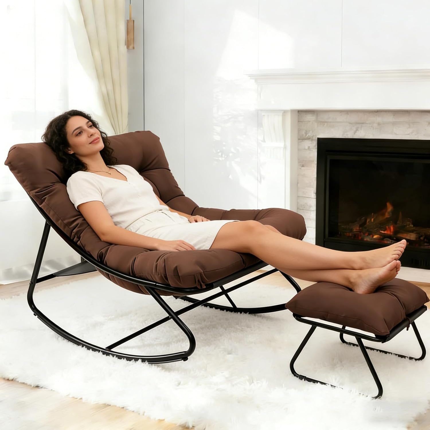 Rocking Chair with Ottoman, Indoor Small Rocking Chair for Nursery, with Foot Rest, Thick Cushion, 5'' Thick, 330lbs Capacity, Metal Frame Rocker Glider Patio for Living Room Bedroom Offices (Brown)