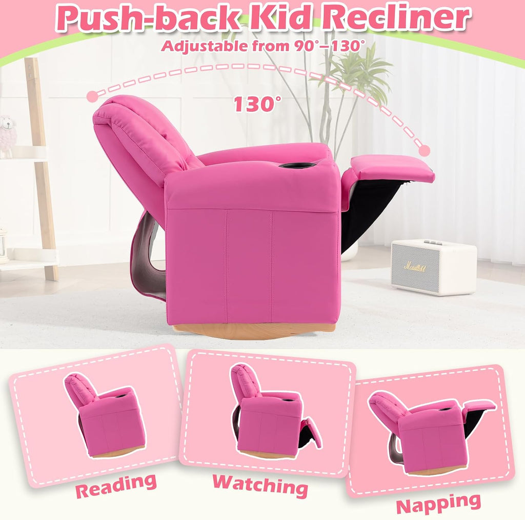 AVAWING Kids Recliner Chair with Cup Holder, Leather Toddler Recliner with Adjustable Backrest, Curved Rocking Legs and Comfy Armrests for Bedroom or Nursery, Pink