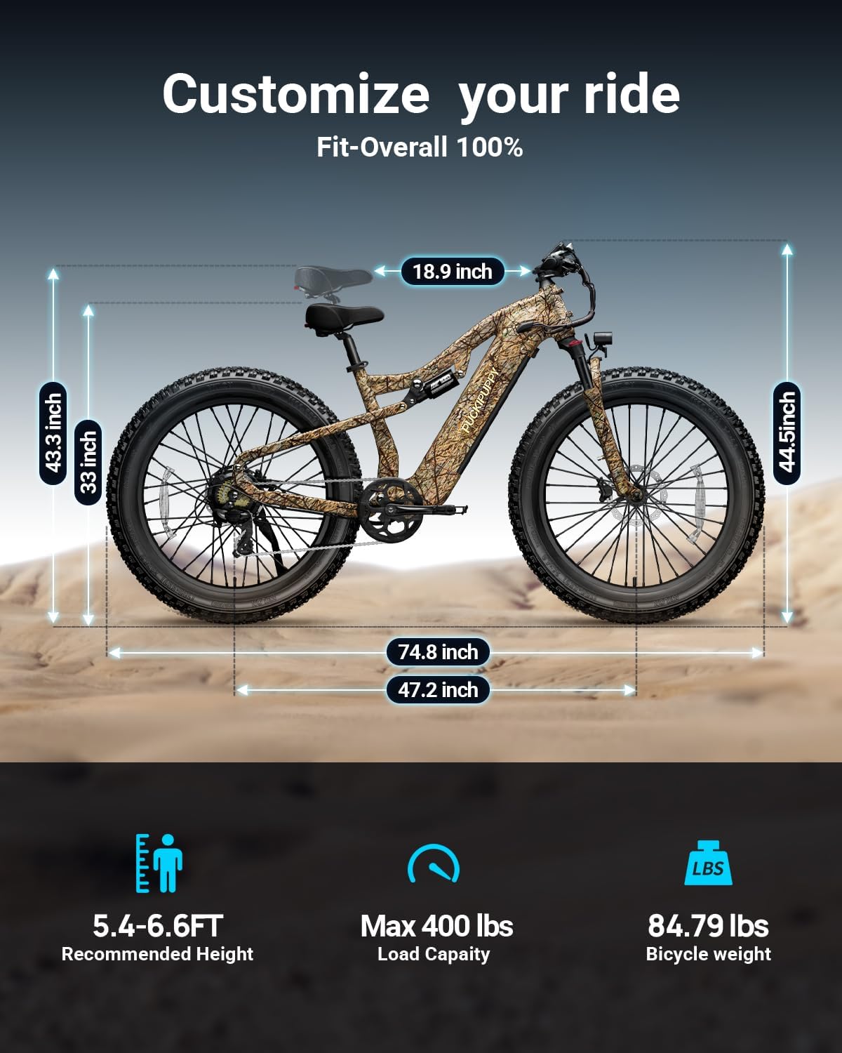 PUCKIPUPPY Electric Bike for Adults 28 MPH, 750W | 1350W Peak, Torque Sensor, 80 Miles Range, 26'x4' Fat Tire Electric Dirt Bike, Full Suspension Electric Mountain Bike, 8 Speed Ebike Labrador Pro