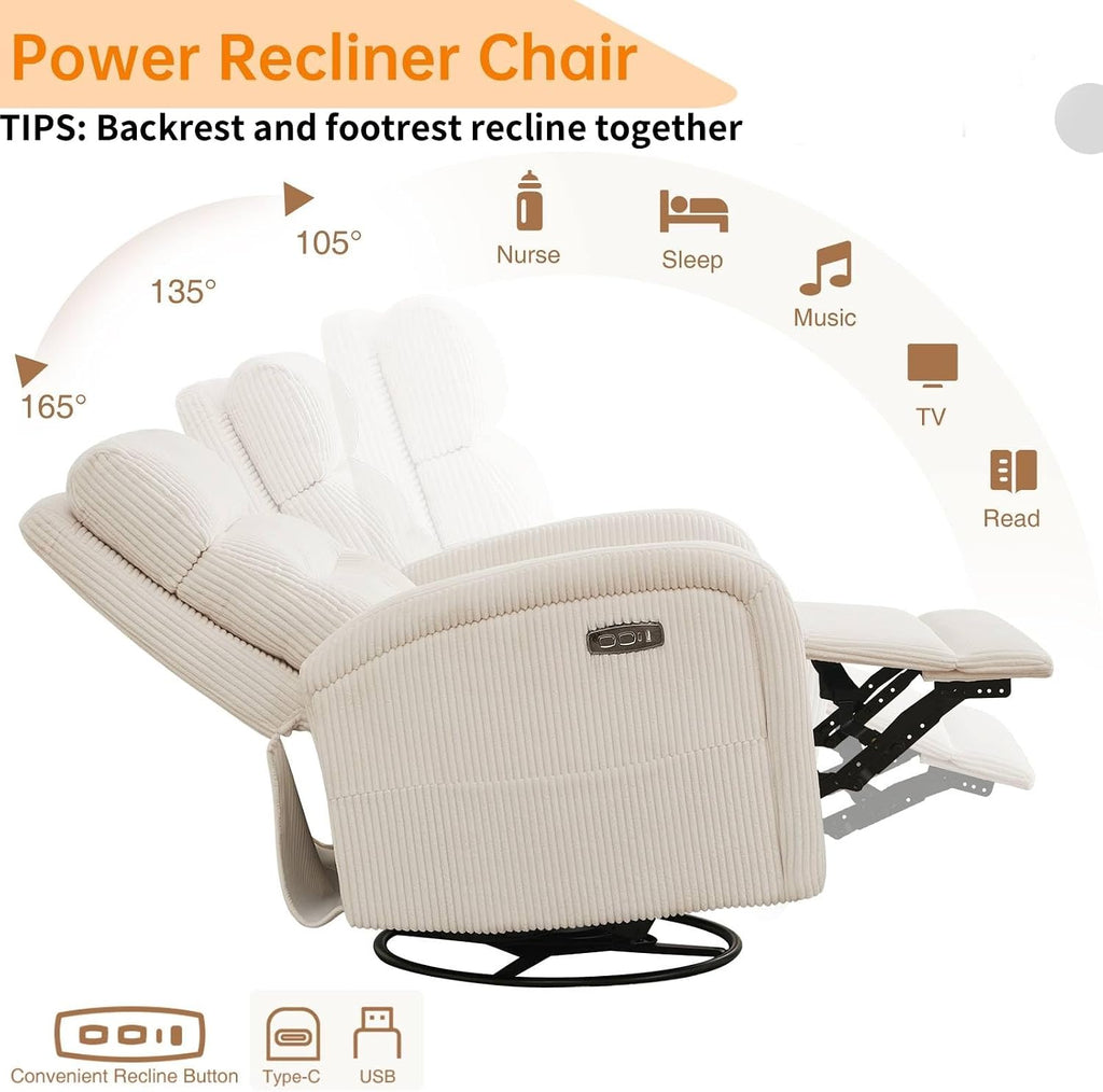Power Swivel Rocker Recliner Chair for Nursery, Swivel Reclining Rocking Chairs, Electric Glider for Living Room, Upholstered Recliner Chairs for Bedroom, Corduroy White