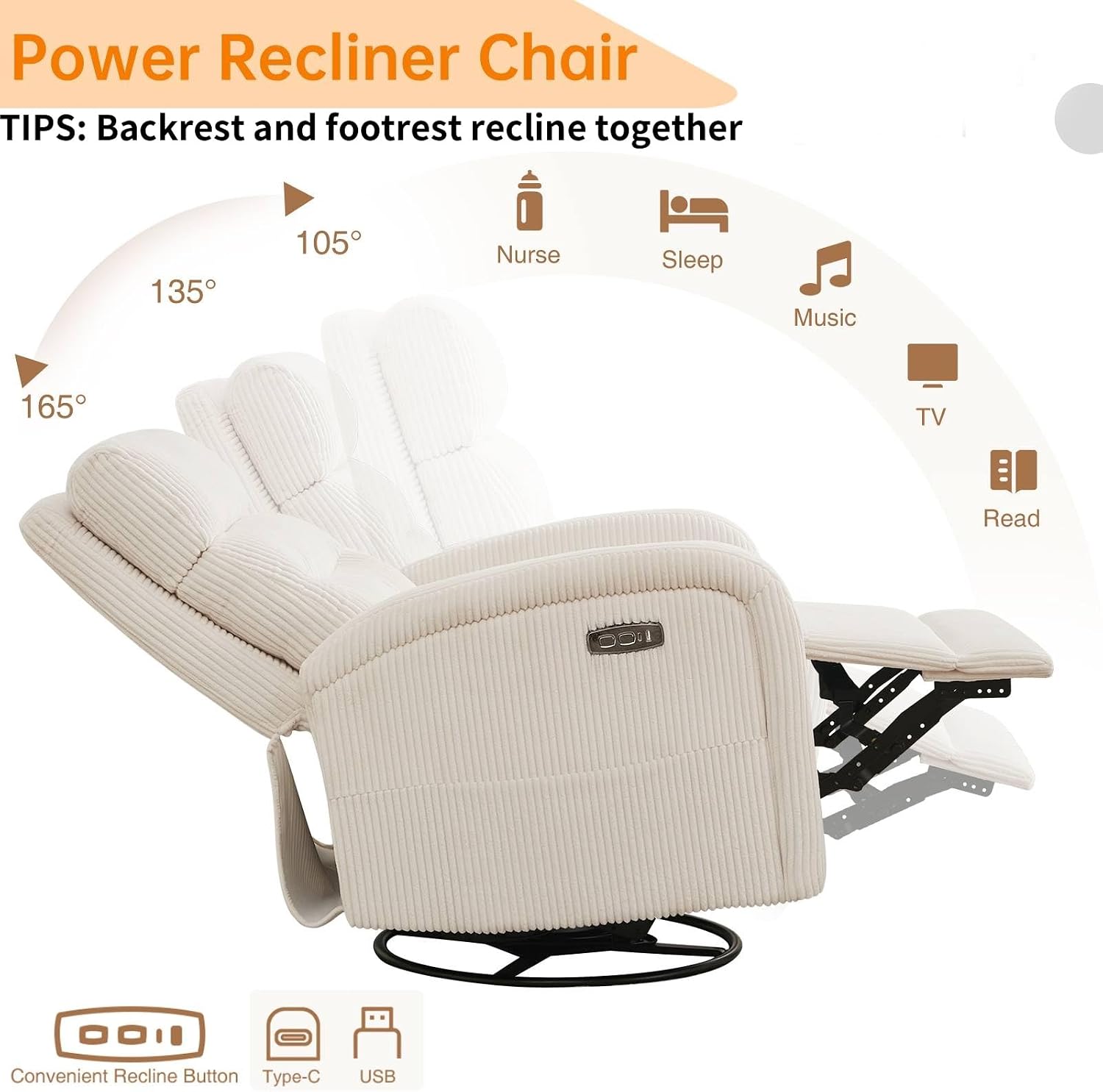 Power Swivel Rocker Recliner Chair for Nursery, Swivel Reclining Rocking Chairs, Electric Glider for Living Room, Upholstered Recliner Chairs for Bedroom, Corduroy White