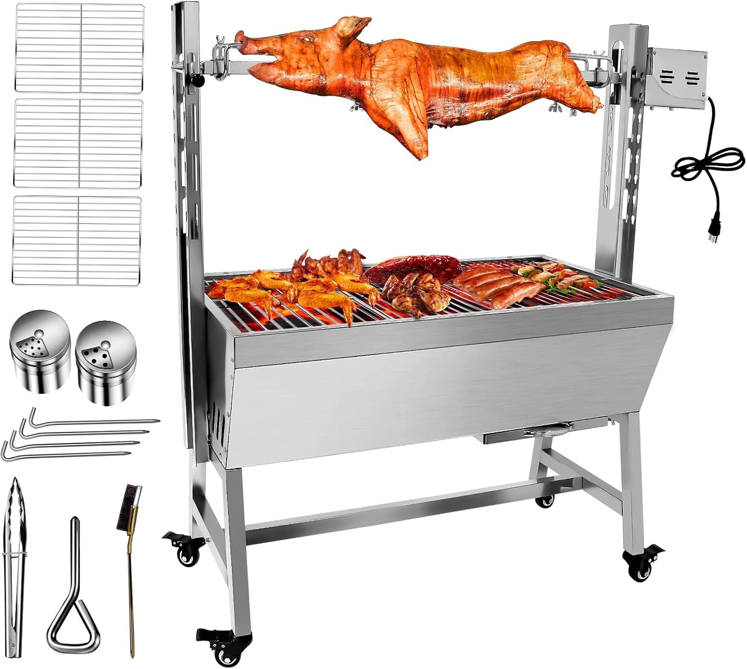 Stainless Steel Small Pig Whole Lamb Rotisserie Grill with Wind Deflector, 25W Motor Rotisserie Roaster, 40kg BBQ Charcoal Rotisserie Roaster Grill for Camping Outdoor Kitchen