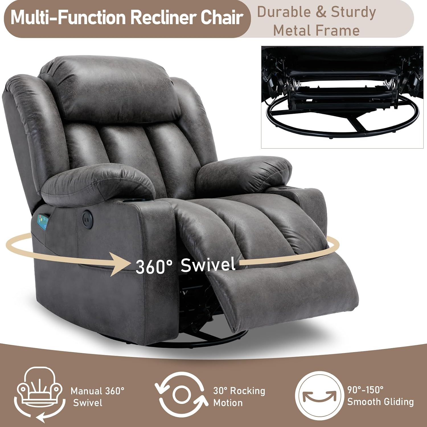 360° Swivel Rocker Recliner Chair with Heat and Massage, Manual Glider Rocking Reclining Chair, Swivel Overstuffed Lounge Reclining Chair with 2 Cup Holders, Side Pockets & USB Ports, Grey