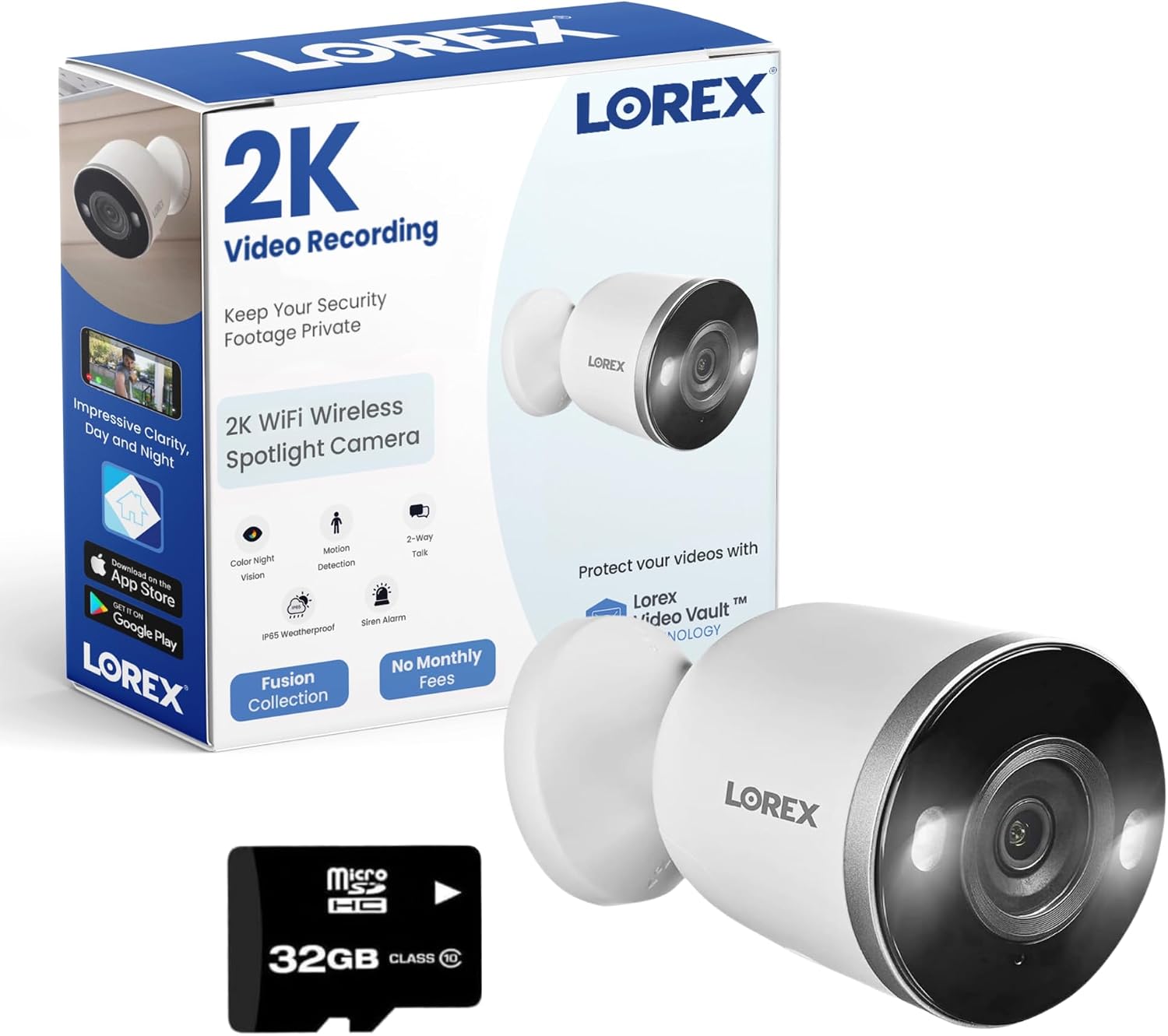 Lorex 2K Indoor/Outdoor Spotlight Camera | No Monthly Fees | 32GB MicroSD Included | Color Night Vision | 2-Way Talk | Person, Vehicle, & Animal Detection | IP65 Weatherproof | White