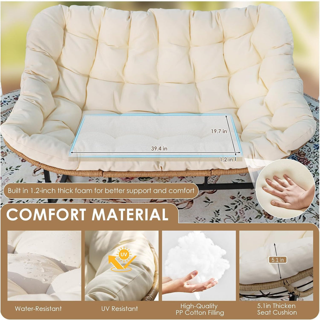 RADIATA Oversized Patio Rocking Chair for 2, Outdoor Double Papasan Chair with Cushion and Frame for Relaxing/Reading, Heavy-Duty Comfy Wicker Loveseat Recliner for Garden, Deck, Livingroom