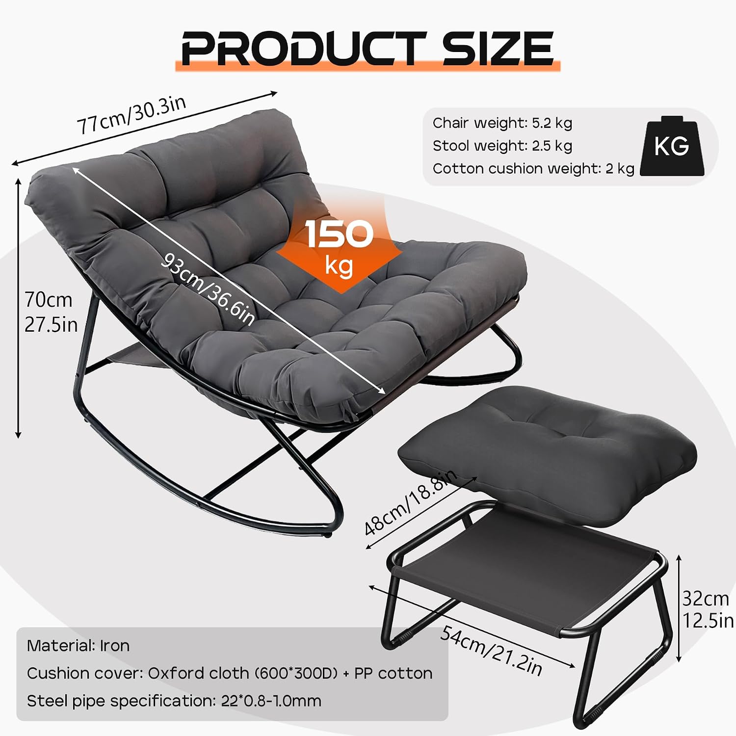 Outdoor Papasan Rocking Chair with Cushion, Oversized Rocking Chair with Ottoman, Modern Cozy Lounge Rocker Chair, Comfy Egg Chairs for Indoor Balcony Porch Patio, Grey
