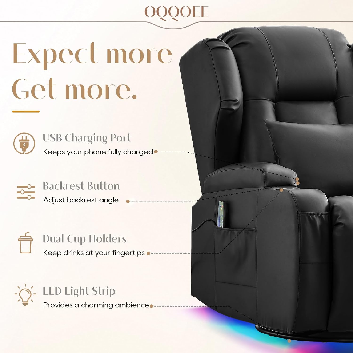 Power Swivel Rocker Recliner Chair with Massage & Heat, Dual Motor Electric Glider Rocking Recliner with USB Ports, Cup Holders & LED Light for Living Room, Home Theater (Black)