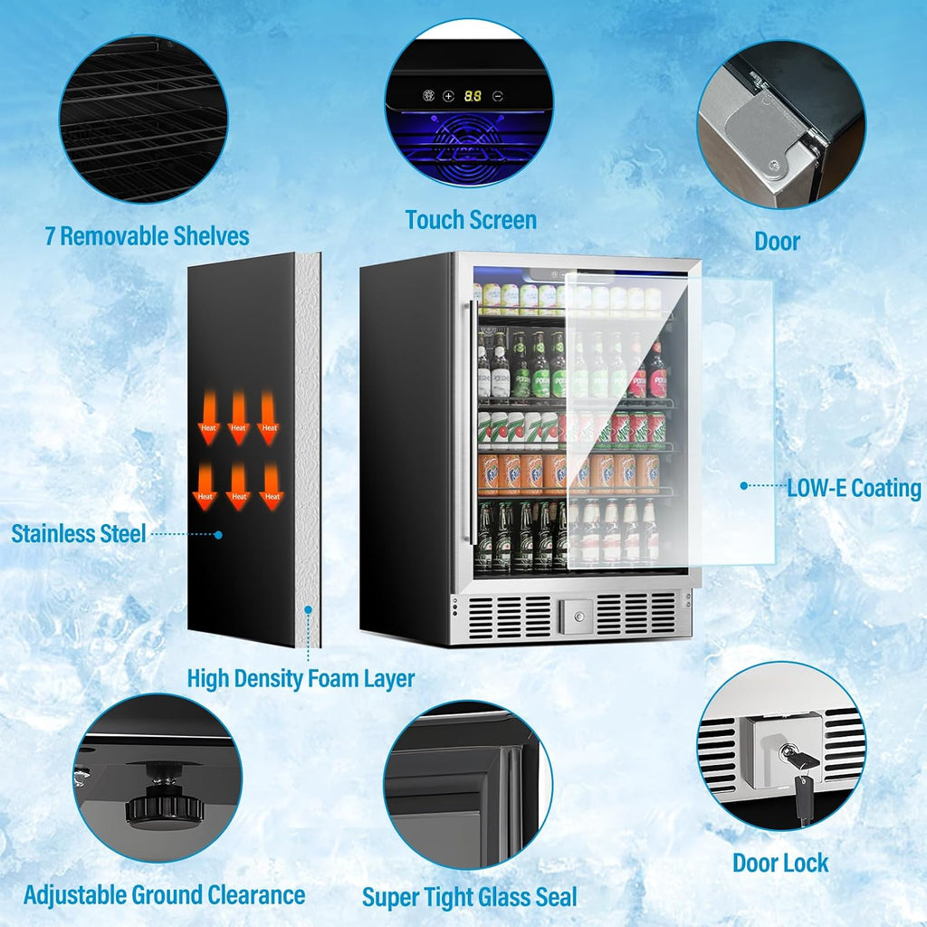 176 Can Freestanding Beverage Refrigerator, 5.3 Cu.Ft Drink Fridge with Glass Door, Adjustable Shelves & Temperature Control, Quiet Compressor Small Refrigerator for Soda, Beer or Wine
