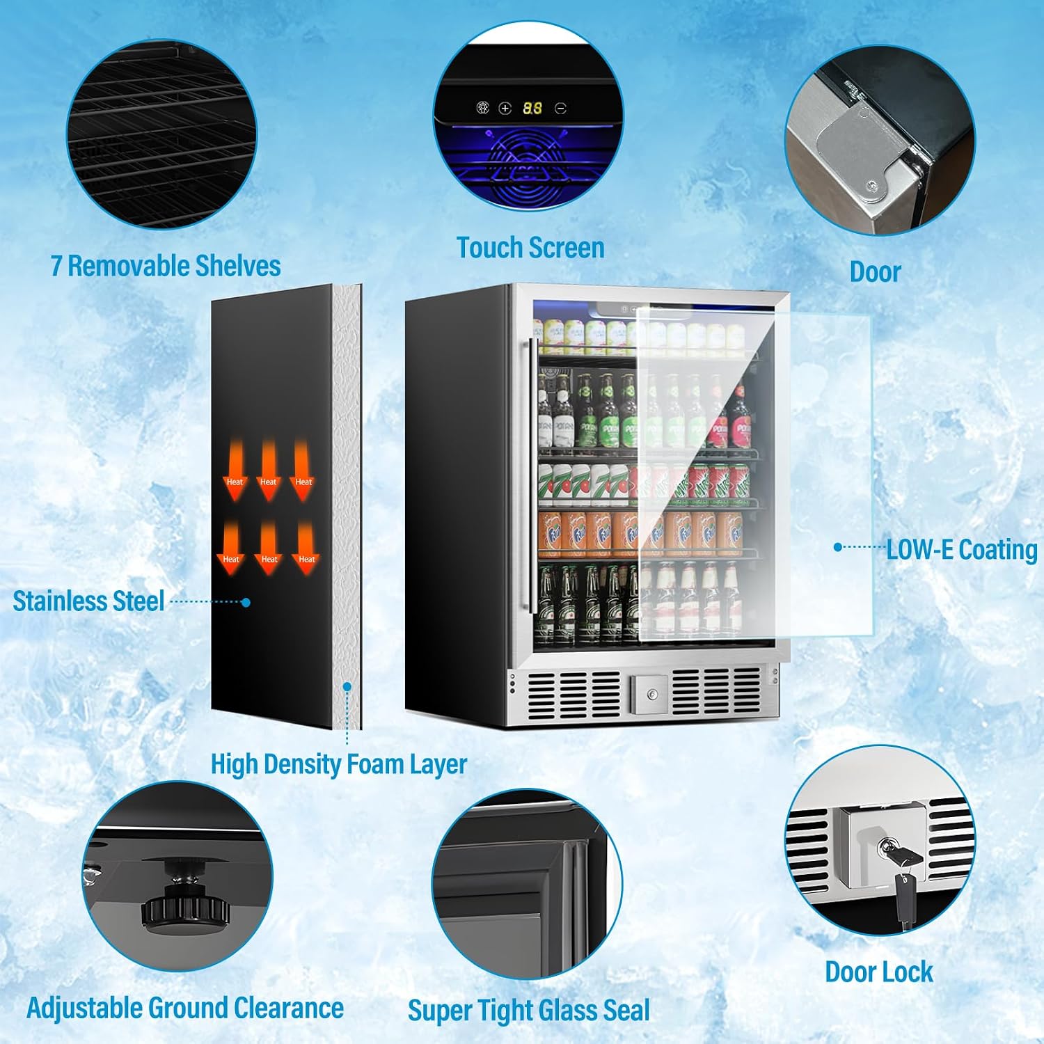 176 Can Freestanding Beverage Refrigerator, 5.3 Cu.Ft Drink Fridge with Glass Door, Adjustable Shelves & Temperature Control, Quiet Compressor Small Refrigerator for Soda, Beer or Wine