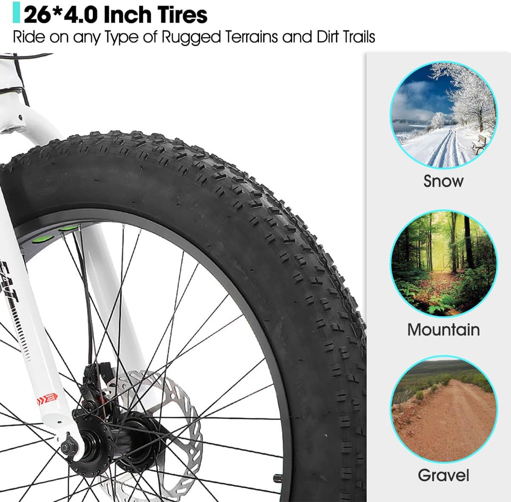 HILAND 24 26 Inch Fat Tire Mountain Bike for Men and Women, High Carbon Steel Frame Beach and Snow Wide Tire Adult Bicycle, 7-Speed and Dual-Disc Brake MTB